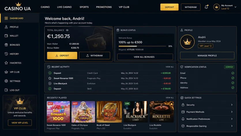Особистий кабінет Casino UA: баланс, статус бонусу, останні операції та верифікація
