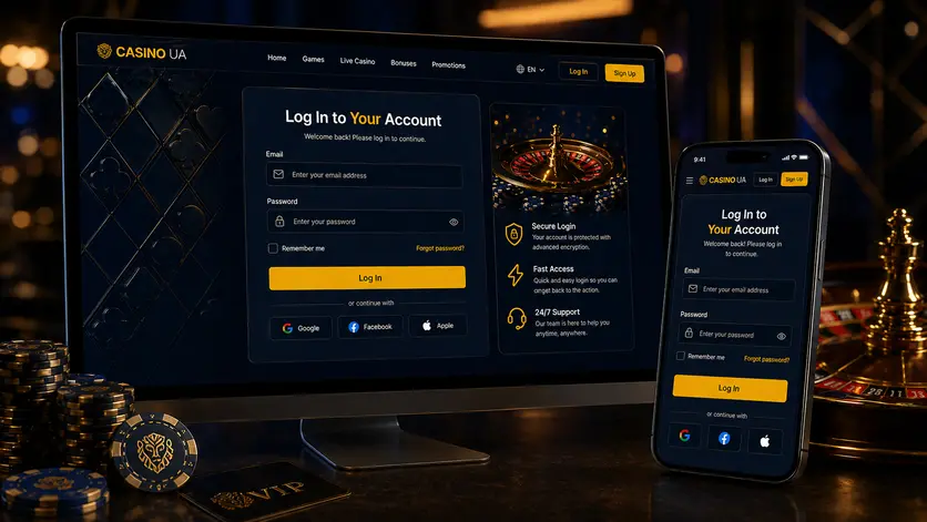 Сторінка входу Casino UA, відкрита на комп’ютері та смартфоні