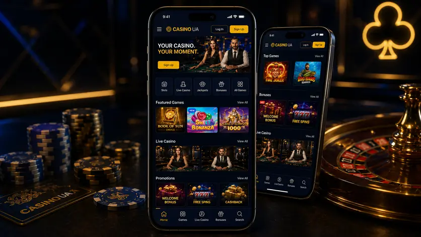The Casino UA mobile version on two phones: the lobby and the promotions section