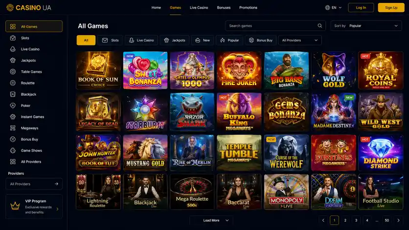 The Casino UA game catalogue with filters by category and provider