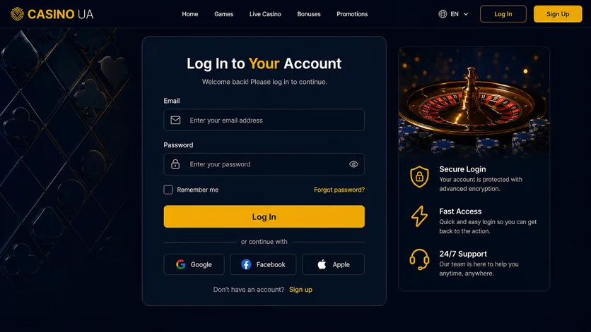 The Casino UA sign-in form with the email and password fields