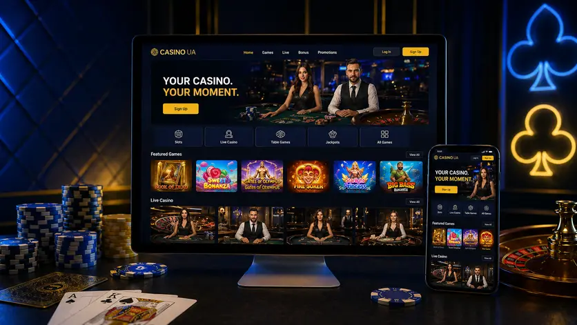 The Casino UA home page with the live casino section on a computer and a phone