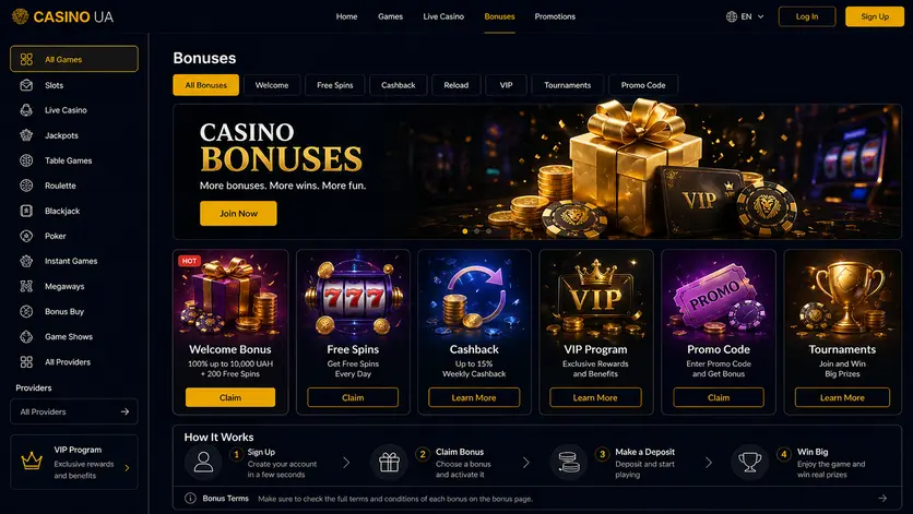 Раздел акций Casino UA с плитками бонусов, фриспинов, кешбэка и промокода