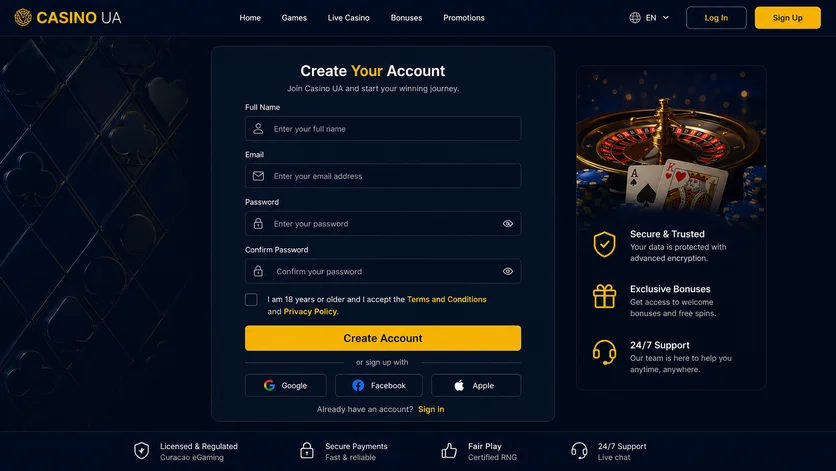 The Casino UA sign-up form with the name, email and password fields